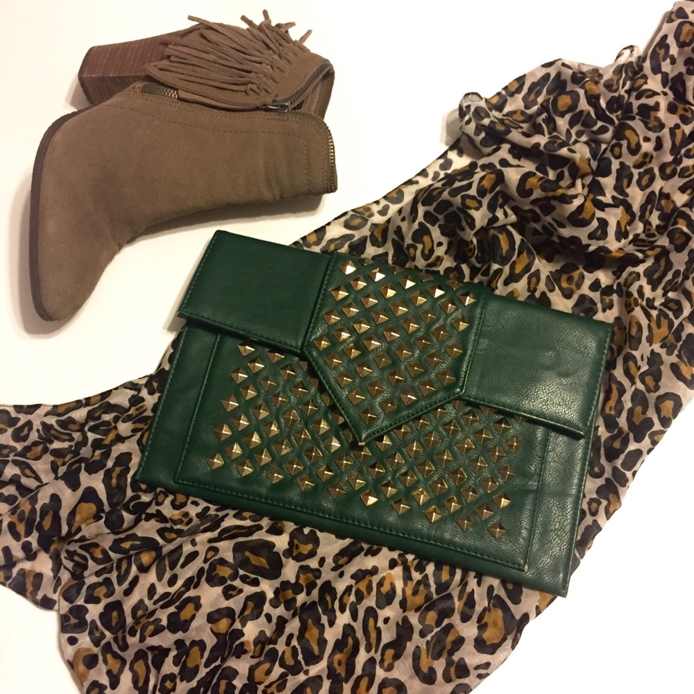Army Green Gold Studded Envelope Clutch